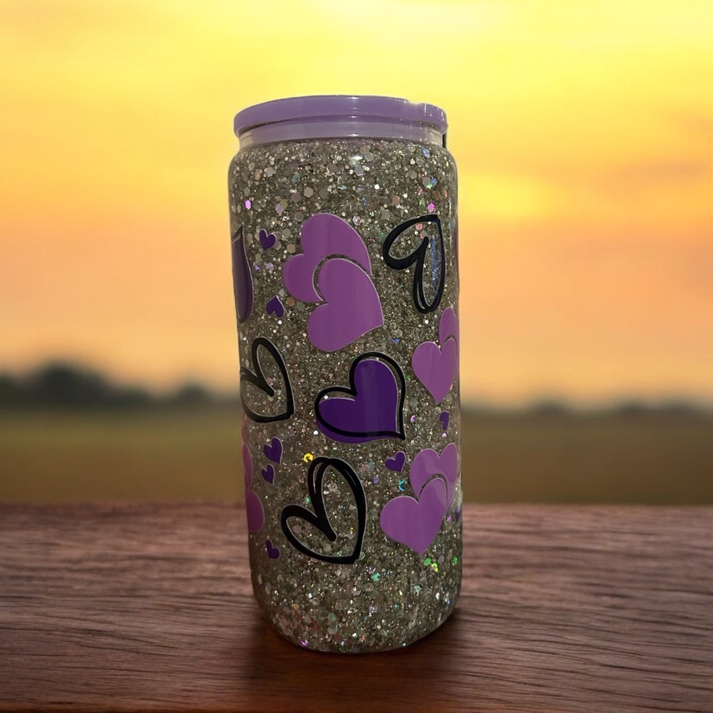 Silver Glitter Purple Hearts 20 oz Tumbler 💜
